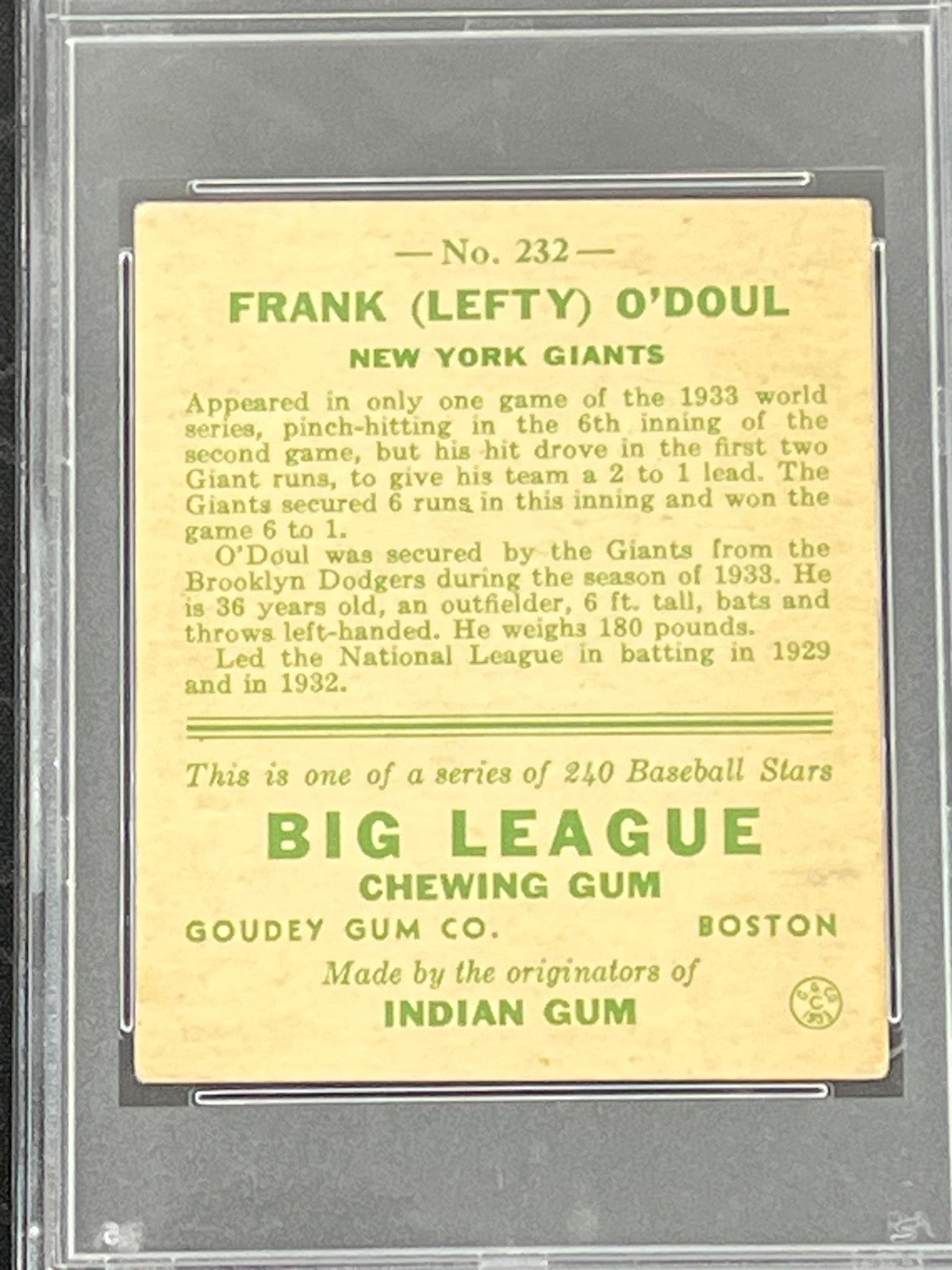 1933 Goudey Lefty O'Doul RC #232 PSA 3.5 J1