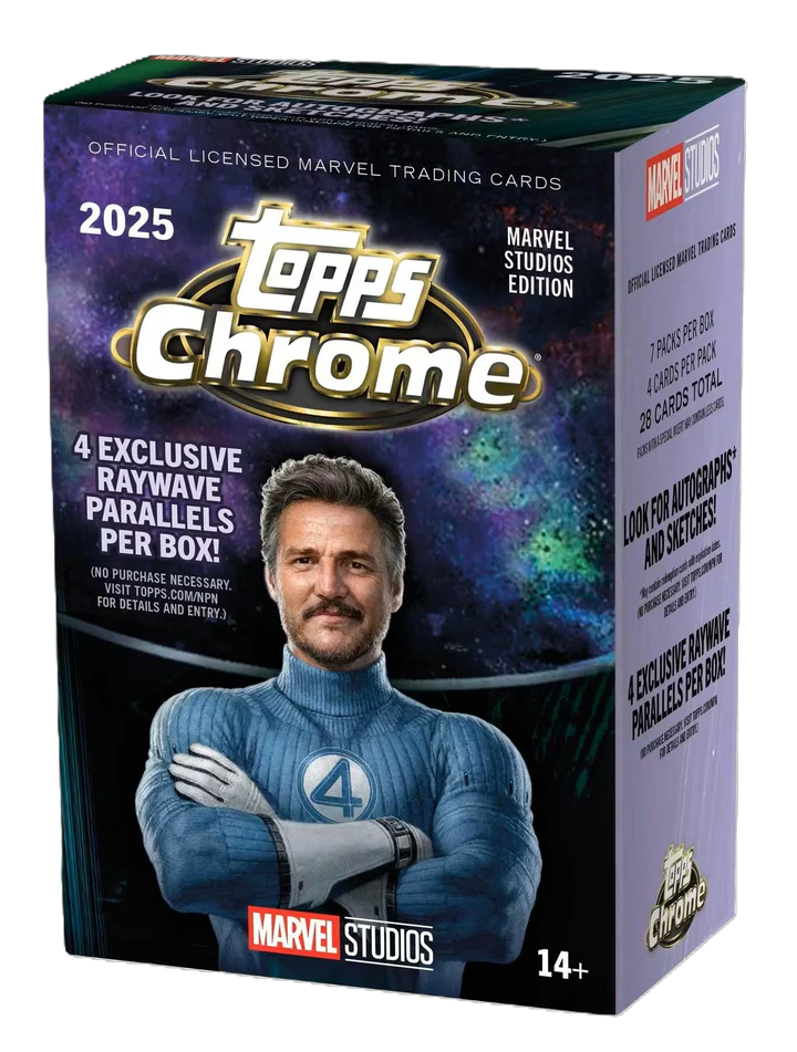 2024-25 Topps Chrome Marvel Studios Blaster Box - 7 Packs per Box, 4 Cards per Pack, Possible Autos & Sketches TD